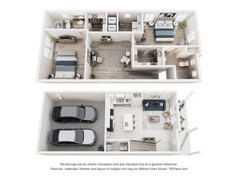 Floor plan for 2 beds, 2.5 baths, 1306 sqft